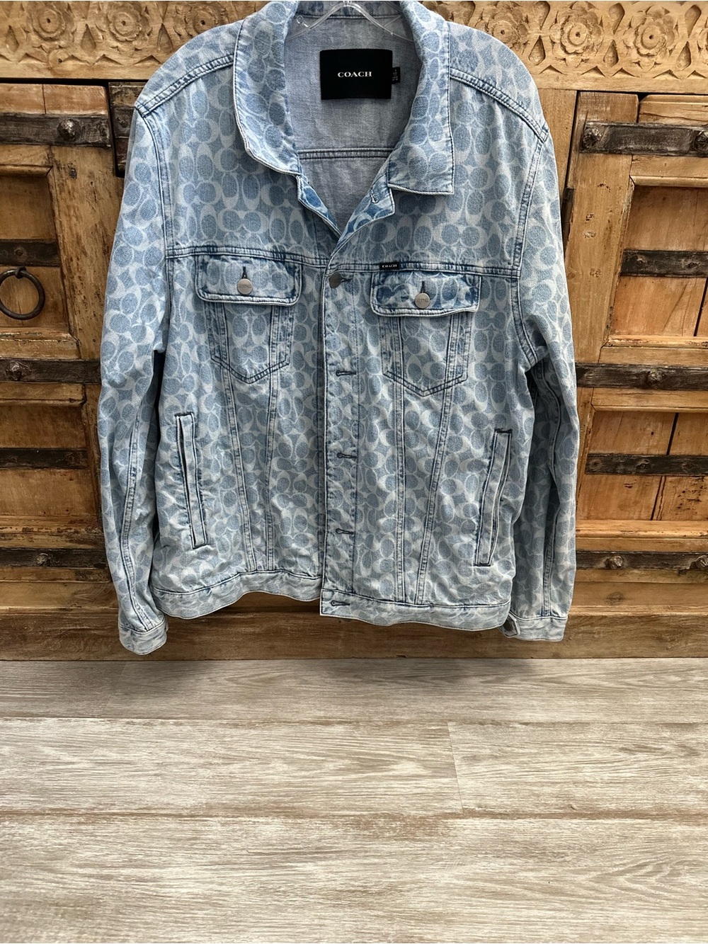 Coach Men's Blue Signature Monogram Denim Jean Jacket Leather Trim Sz XL